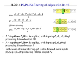 H.264 : P0,P1,P2 filtering of edges with Bs =4
• A 5-tap linear! filter, is applied, with inputs p2,p1, p0,q0,q1
producing filtered output P0.
• A 4-tap linear! filter, is applied, with inputs p2,p1,p0,q0
producing filtered output P1.
• In the case of luma filtering, p2 is also filtered, with inputs
p3,p2,p1,p0,q0 producing filtered output P2
8
40012*33*2
2
4
20012
1
8
410*20*21*22
0
+++++
=
++++
=
+++++
=
qpppp
P
filteringlumaiff
qppp
P
qqppp
P
p3 p2 p1 p0 q0 q1 q2 q3
p3 p2 p1 p0 q0 q1 q2 q3
p3 p2 p1 p0 q0 q1 q2 q3
 