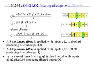 H.264 : Q0,Q1,Q2 filtering of edges with Bs = 4
• A 5-tap linear! filter, is applied, with inputs q2,q1, q0,p0,p1
producing filtered output Q0.
• A 4-tap linear! filter, is applied, with inputs q2,q1,q0,p0
producing filtered output Q1.
• In the case of luma filtering, q2 is also filtered, with inputs
q3,q2,q1,q0,p0 producing filtered output Q2
8
40012*33*2
2
4
20012
1
8
410*20*21*22
0
+++++
=
++++
=
+++++
=
pqqqq
Q
filteringlumaiff
pqqq
Q
ppqqq
Q
p3 p2 p1 p0 q0 q1 q2 q3
p3 p2 p1 p0 q0 q1 q2 q3
p3 p2 p1 p0 q0 q1 q2 q3
 