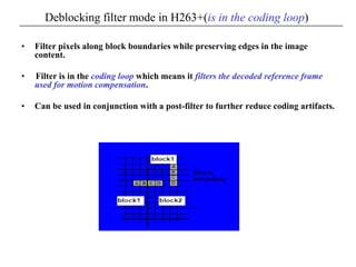 Deblocking filter mode in H263+(is in the coding loop)
• Filter pixels along block boundaries while preserving edges in the image
content.
• Filter is in the coding loop which means it filters the decoded reference frame
used for motion compensation.
• Can be used in conjunction with a post-filter to further reduce coding artifacts.
 