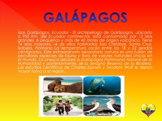  Islas Galápagos, Ecuador - El archipiélago de Galápagos, ubicado
a 950 Km. del Ecuador continental, está conformado por 13 islas
grandes, 6 pequeñas y más de 40 islotes de origen volcánico. Tiene
14 islas mayores, -4 de ellas habitadas San Cristóbal, Santa Cruz,
Isabela, Floreana La temperatura oscila entre los 18 y 22 grados
centígrados. Este extraordinario laboratorio natural es una fusión de
peculiares especies de fauna y flora de valores naturales únicos en
el mundo. La Unesco declaró a Galápagos Patrimonio Natural de la
Humanidad y posteriormente, se la designó Reserva de la Biosfera.
Los estudios científicos de Charles Darwin y Teodoro Wolf le dieron
mayor fama a la región.
 