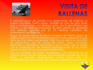  El principal punto de partida a la observación de ballenas, el
puerto manabita Puerto López, también se viste de gala entre
ayer y mañana para, con diversos actos, dar la bienvenida a los
turistas y a las ballenas jorobadas. En este cantón se desarrolla
una extensa agenda por el 13º Festival Científico de
Avistamiento de Ballenas.
 Según las expectativas del sector hotelero de Puerto López, se
aspira a que unos 30 mil visitantes lleguen a esta playa en lo que
resta de junio hasta septiembre. Para hoy se prevé un recorrido
de observación por las costas de Puerto López, actividad
destinada a periodistas nacionales, y en la tarde será el desfile
con la participación de diversas organizaciones. En la noche
habrá un festival con la orquesta Matecaña.
 Con la finalidad de evitar accidentes y no intervenir en el
hábitat natural de las ballenas, las autoridades navales de Santa
Elena y Manabí recomiendan hacer tours solo en
embarcaciones autorizadas. Se anuncian operativos de control.
 