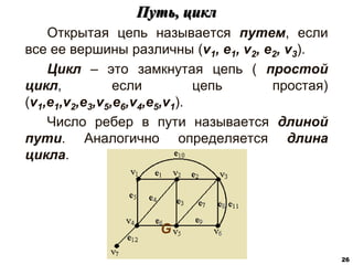 Открытая цепь называется путем, если
все ее вершины различны (v1, e1, v2, e2, v3).
Цикл – это замкнутая цепь ( простой
цикл, если цепь простая)
(v1,e1,v2,e3,v5,e6,v4,e5,v1).
Число ребер в пути называется длиной
пути. Аналогично определяется длина
цикла.
Путь, цикл
26
G
 