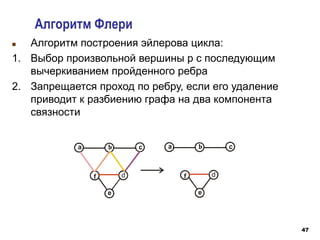 47
Алгоритм Флери
 Алгоритм построения эйлерова цикла:
1. Выбор произвольной вершины р с последующим
вычеркиванием пройденного ребра
2. Запрещается проход по ребру, если его удаление
приводит к разбиению графа на два компонента
связности
c
a
f
e
d
c
a
f
e
d
 