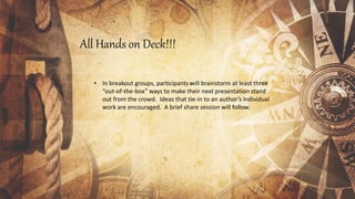 All Hands on Deck!!!
• In breakout groups, participants will brainstorm at least three
“out-of-the-box” ways to make their next presentation stand
out from the crowd. Ideas that tie-in to an author’s individual
work are encouraged. A brief share session will follow.
 