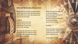 What Shall We Do with a Grumpy Pirate†
What shall we do with a grumpy pirate? Make him walk the plank till
What shall we do with a grumpy pirate? he starts to wobble.
What shall we do with a grumpy pirate? Make him walk the plank till
Early in the morning? he starts to wobble.
Make him walk the plank till
CHORUS: he starts to wobble.
Hooray and up she rises. Early in the morning.
Hooray and up she rises.
Hooray and up she rises. CHORUS
Early in the morning.
Tickle him till he starts to giggle.
Do a little jig and make him smile. Tickle him till he starts to giggle.
Do a little jig and make him smile. Tickle him till he starts to giggle.
Do a little jig and make him smile. Early in the morning.
Early in the morning.
† The Guardian.com
CHORUS
 