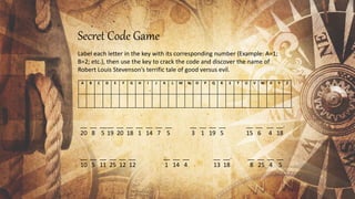 Secret Code Game
A B C D E F G H I J K L M N O P Q R S T U V W X Y Z
Label each letter in the key with its corresponding number (Example: A=1;
B=2; etc.), then use the key to crack the code and discover the name of
Robert Louis Stevenson’s terrific tale of good versus evil.
__ __ ____ __ __ __ __ __ __ __ __ __ __ __ __ __ __.
20 8 5 19 20 18 1 14 7 5 3 1 19 5 15 6 4 18
__ __ __ __ __ __ __ __ __ __ __. __ __ __ __
10 5 11 25 12 12 1 14 4 13 18 8 25 4 5
 