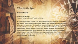 X Marks the Spot!
Materials Needed:
Brown Grocery Sacks
Assorted Crayons, Colored Pencils, or Markers
As Emma points out in Chapter 7 of The Gubbins Club, you can’t really know where
you’re going unless you know where you’ve been…but, sometimes even the boldest
adventurer needs a map! Have students evaluate things in their school that might be
considered a "treasure". It could be the school football team trophy. It might be the
school library. It could even be a snack food vending machine! Once they have
individually decided upon what they value most, encourage students to draw and
color a treasure map that, if followed correctly, would lead to their "treasure". Then
have students exchange maps, follow them to their destinations, and discover a little
about each other on the way!
 