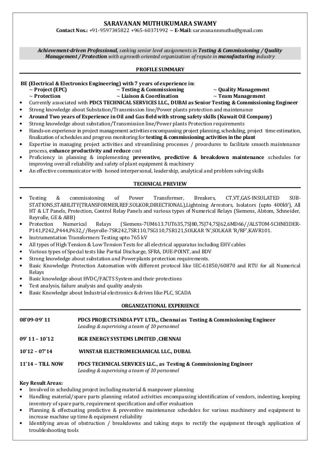 Cv For Installation And Test And Commissioning Of ...