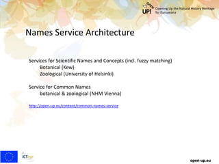 Names Service Architecture
open-up.eu
Services for Scientific Names and Concepts (incl. fuzzy matching)
Botanical (Kew)
Zoological (University of Helsinki)
Service for Common Names
botanical & zoological (NHM Vienna)
http://open-up.eu/content/common-names-service
 