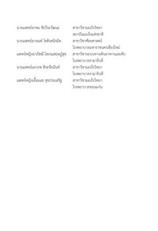 นายแพทย์อาคม ชัยวีระวัฒนะ	 	 สาขาวิชามะเร็งวิทยา	 	 	
	 	 สถาบันมะเร็งแห่งชาติ
นายแพทย์อานนท์ โชติรสนิรมิต	 	 สาขาวิชาศัลยศาสตร์	 	 	
	 	 โรงพยาบาลมหาราชนครเชียงใหม่
แพทย์หญิงอาภัสณี โสภณสฤษฏ์สุข	 	 สาขาวิชาระบบทางเดินอาหารและตับ	
	 	 โรงพยาบาลรามาธิบดี
นายแพทย์เอกภพ สิระชัยนันท์	 	 สาขาวิชามะเร็งวิทยา	 	 	
	 	 โรงพยาบาลรามาธิบดี
แพทย์หญิงเอื้อมแข สุขประเสริฐ	 	 สาขาวิชามะเร็งวิทยา	 	 	
	 	 โรงพยาบาลขอนแก่น
 