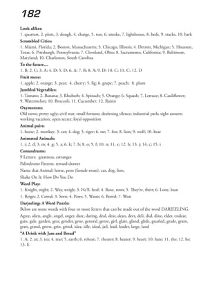 182
Look alikes:
1. quarters, 2. plots, 3. dough, 4. charge, 5. run, 6. smoke, 7. lighthouse, 8. beds, 9. tracks, 10. bark
Scrambled Cities:
1. Miami, Florida; 2. Boston, Massachusetts; 3. Chicago, Illinois; 4. Detroit, Michigan; 5. Houston,
Texas; 6. Pittsburgh, Pennsylvania; 7. Cleveland, Ohio; 8. Sacramento, California; 9. Baltimore,
Maryland; 10. Charleston, South Carolina
To the future…
1. B; 2. C; 3. A; 4. D; 5. D; 6. A; 7. B; 8. A; 9. D; 10. C; 11. C; 12. D
Fruit maze:
1. apple; 2. orange; 3. pear; 4. cherry; 5. fig; 6. grape; 7. peach; 8. plum
Jumbled Vegetables:
1. Tomato; 2. Banana; 3. Rhubarb; 4. Spinach; 5. Orange; 6. Squash; 7. Lettuce; 8. Cauliflower;
9. Watermelon; 10. Broccoli; 11. Cucumber; 12. Raisin
Oxymorons:
Old news; pretty ugly; civil war; small fortune; deafening silence; industrial park; sight unseen;
working vacation; open secret; loyal opposition
Animal pairs:
1. horse; 2. monkey; 3. cat; 4. dog; 5. tiger; 6. rat; 7. fox; 8. lion; 9. wolf; 10. bear
Animated Animals:
1. i; 2. d; 3. m; 4. g; 5. a; 6. k; 7. b; 8. o; 9. f; 10. n; 11. e; 12. h; 13. j; 14. c; 15. i
Conundrums:
9 Letters: greatness, estranges
Palindrome Parents: reward drawer
Name that Animal: horse, pens (female swan), cat, dog, lion,
Shake On It: How Do You Do
Word Play:
1. Knight, night; 2. Way, weigh; 3. He’ll, heal; 4. Rose, rows; 5. They’re, their; 6. Lone, loan
1. Reign; 2. Cereal; 3. Seen; 4. Paws; 5. Waste; 6. Bored; 7. Won
Darjeeling: A Word Puzzle:
Below are some words with four or more letters that can be made out of the word DARJEELING.
Agree, alien, angle, angel, anger, dare, daring, deal, dear, dean, deer, deli, dial, dine, elder, endear,
gain, gale, garden, gear, gender, gene, general, genre, girl, glare, gland, glide, gnarled, grade, grain,
gran, grand, green, grin, grind, idea, idle, ideal, jail, lead, leader, large, land
“A Drink with Jam and Bread”
1. A; 2. at; 3. tea; 4. tear; 5. earth; 6. reheat; 7. theater; 8. heater; 9. heart; 10. hate; 11. the; 12. he;
13. E
 