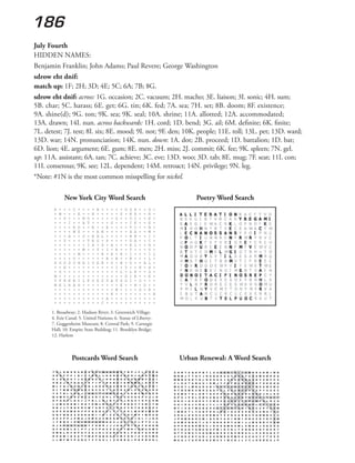 186
July Fourth
HIDDEN NAMES:
Benjamin Franklin; John Adams; Paul Revere; George Washington
sdrow eht dnif:
match up: 1F; 2H; 3D; 4E; 5C; 6A; 7B; 8G.
sdrow eht dnif: across: 1G. occasion; 2C. vacuum; 2H. macho; 3E. liaison; 3I. sonic; 4H. sum;
5B. char; 5C. harass; 6E. get; 6G. tin; 6K. fed; 7A. sea; 7H. set; 8B. doom; 8F. existence;
9A. shine(d); 9G. ton; 9K. sea; 9K. seal; 10A. shrine; 11A. allotted; 12A. accommodated;
13A. drawn; 14I. nun. across backwards: 1H. cord; 1D. bend; 3G. ail; 6M. definite; 6K. finite;
7L. detest; 7J. test; 8I. six; 8E. mood; 9I. not; 9F. den; 10K. people; 11E. toll; 13L. pet; 13D. ward;
13D. war; 14N. pronunciation; 14K. nun. down: 1A. dot; 2B. proceed; 1D. battalion; 1D. bat;
6D. lion; 4E. argument; 6E. gum; 8E. men; 2H. miss; 2J. commit; 6K. fee; 9K. spleen; 7N. gel.
up: 11A. assistant; 6A. tan; 7C. achieve; 3C. eve; 13D. woo; 3D. tab; 8E. mug; 7F. seat; 11I. con;
11I. consensus; 9K. see; 12L. dependent; 14M. retroact; 14N. privilege; 9N. leg.
*Note: #1N is the most common misspelling for nickel.
New York City Word Search Poetry Word Search
1. Broadway; 2. Hudson River; 3. Greenwich Village;
4. Erie Canal; 5. United Nations; 6. Statue of Liberty;
7. Guggenheim Museum; 8. Central Park; 9. Carnegie
Hall; 10. Empire State Building; 11. Brooklyn Bridge;
12. Harlem
Postcards Word Search Urban Renewal: A Word Search
 