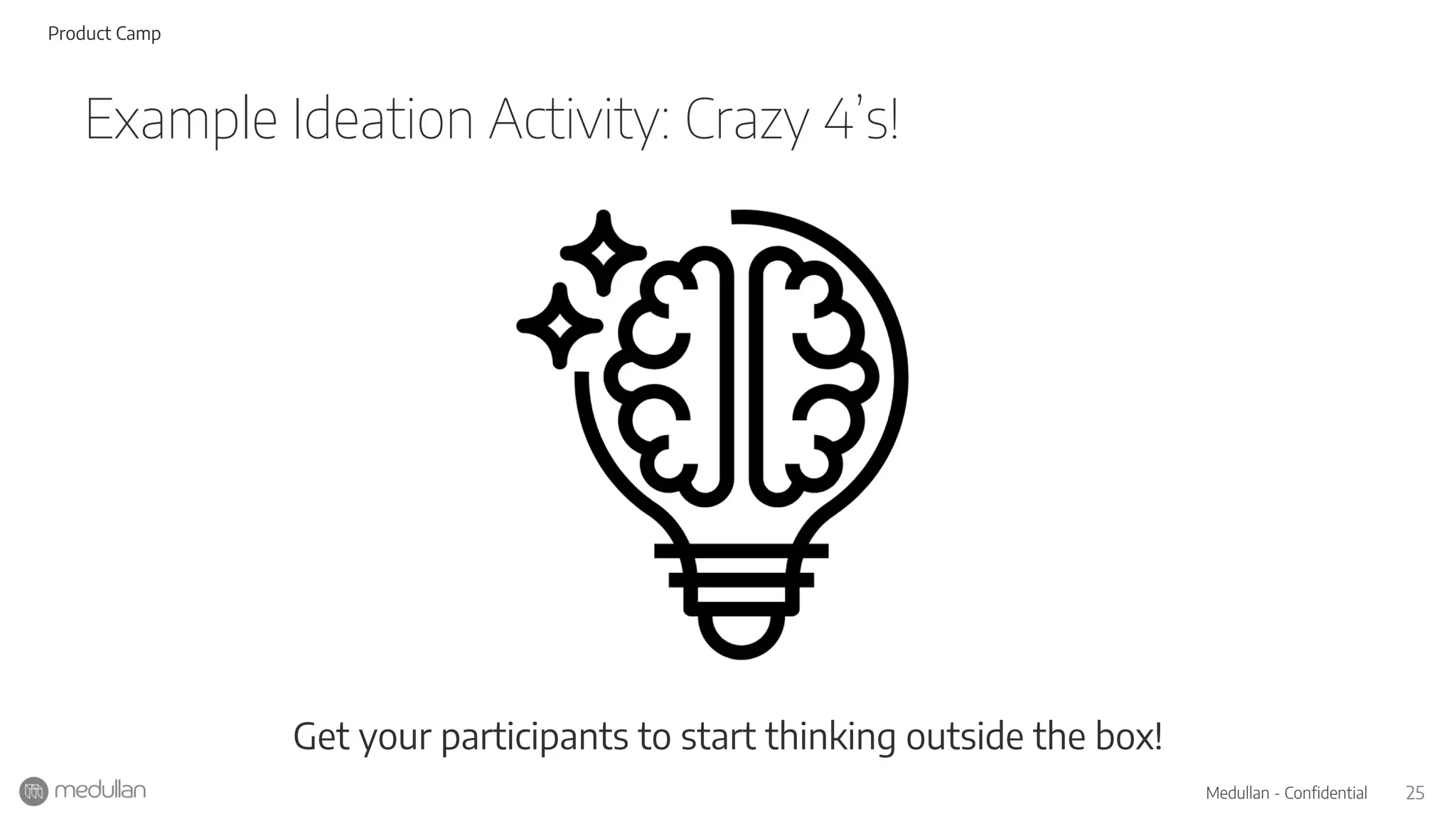 25Medullan - Confidential
Example Ideation Activity: Crazy 4’s!
Get your participants to start thinking outside the box!
Product Camp
 