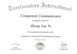 Recognition as Copetent Communicator, Toastmasters Internaional