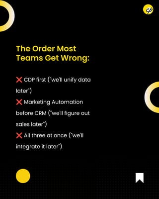 ❌CDP first ("we'll unify data
later")
❌Marketing Automation
before CRM ("we'll figure out
sales later")
❌All three at once ("we'll
integrate it later")
The Order Most
Teams Get Wrong:
 