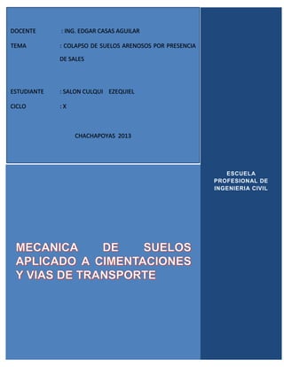 ESCUELA
PROFESIONAL DE
INGENIERIA CIVIL
DOCENTE : ING. EDGAR CASAS AGUILAR
TEMA : COLAPSO DE SUELOS ARENOSOS POR PRESENCIA
DE SALES
ESTUDIANTE : SALON CULQUI EZEQUIEL
CICLO : X
CHACHAPOYAS 2013
 