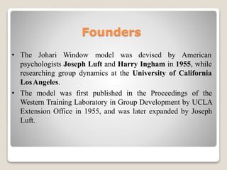 Founders
• The Johari Window model was devised by American
psychologists Joseph Luft and Harry Ingham in 1955, while
researching group dynamics at the University of California
LosAngeles.
• The model was first published in the Proceedings of the
Western Training Laboratory in Group Development by UCLA
Extension Office in 1955, and was later expanded by Joseph
Luft.
 
