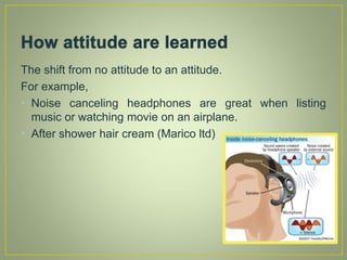 The shift from no attitude to an attitude.
For example,
• Noise canceling headphones are great when listing
music or watching movie on an airplane.
• After shower hair cream (Marico ltd)
 