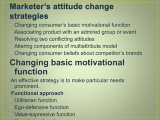 • Changing consumer’s basic motivational function
• Associating product with an admired group or event
• Resolving two conflicting attitudes
• Altering components of multiattribute model
• Changing consumer beliefs about competitor’s brands
Changing basic motivational
function
An effective strategy is to make particular needs
prominent.
Functional approach
• Utilitarian function
• Ego-defensive function
• Value-expressive function
 