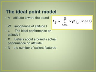 • A attitude toward the brand
• W importance of attitude I
• L The ideal performance on
attitude I
• X Beliefs about a brand’s actual
performance on attitude I
• N the number of salient features
 