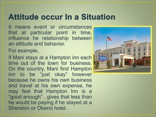 It means event or circumstances
that at particular point in time,
influence he relationship between
an attitude and behavior.
For example,
If Mani stays at a Hampton inn each
time out of the town for business.
On the country, Mani find Hampton
inn to be “just okay” however
because he owns his own business
and travel at his own expense, he
may feel that Hampton Inn is a
“good enough” , gives that less than
he would be paying if he stayed at a
Sheraton or Oberoi hotel.
 