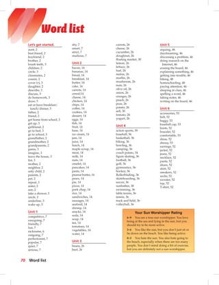 Let’s get started.
aunt, 2
best friend, 2
boyfriend, 2
brother, 2
brush teeth, 3
children, 2
circle, 3
classmates, 2
cousin, 2
cover (v), 3
daughter, 2
describe, 3
discuss, 3
do homework, 3
draw, 3
eat or have breakfast/
lunch/dinner, 3
father, 2
friend, 2
get home from school, 3
get up, 3
girlfriend, 2
go to bed, 3
go to school, 3
grandfather, 2
grandmother, 2
grandparents, 2
guess, 3
imagine, 3
leave the house, 3
list, 3
mother, 2
neighbor, 2
only child, 2
parents, 2
pet, 2
repeat, 3
sister, 2
son, 2
take a shower, 3
uncle, 2
underline, 3
wake up, 3
Unit 1
competitive, 7
easygoing, 7
friendly, 7
fun, 7
nickname, 6
outgoing, 7
perfectionist, 7
popular, 7
quiet, 7
serious, 7
shy, 7
smart, 7
strict, 7
studious, 7
Unit 2
bacon, 14
bananas, 14
bread, 14
breakfast, 14
butter, 14
cake, 14
carrots, 14
cereal,14
cheese, 14
chicken, 14
chips, 14
coffee, 14
cookies, 14
dessert, 14
eggs, 14
ﬁsh, 14
fruit, 14
ham, 14
ice cream, 14
jam, 14
juice, 14
lunch, 14
maple syrup, 14
meat, 14
milk, 14
nuts, 14
omelet, 14
pancakes, 14
pasta, 14
peanut butter, 16
pears, 14
pie, 14
pizza, 14
pork chop, 14
rice, 14
sandwiches, 14
sausages, 14
seafood, 14
shrimp, 14
snacks, 14
soda, 14
soup, 14
tea, 14
tomatoes, 14
vegetables, 14
water, 14
Unit 3
beans, 26
beef, 26
carrots, 26
cheese, 26
cucumber, 26
doughnut, 26
ﬂoating market, 30
lemon, 26
lettuce, 26
loaf, 24
melon, 26
mufﬁn, 26
mushroom, 26
nuts, 26
olive oil, 26
onion, 26
oranges, 26
peach, 26
peas, 26
potato, 26
sell, 30
tomato, 26
yogurt, 26
Unit 4
action sports, 39
baseball, 36
basketball, 36
biking, 36
bowling, 36
camping, 36
couch potato, 34
ﬁgure skating, 36
football, 36
golf, 36
gymnastics, 36
hockey, 36
Rollerblading, 36
skateboarding, 36
soccer, 36
sunbather, 38
swimming, 36
table tennis, 36
tennis, 36
track and ﬁeld, 36
volleyball, 36
Unit 5
arguing, 46
daydreaming, 46
discussing a problem, 46
doing research on the
Internet, 46
erasing the board, 46
explaining something, 46
getting into trouble, 46
hiking, 48
homeschooling, 48
paying attention, 46
sleeping in class, 46
spelling a word, 46
taking notes, 46
writing on the board, 46
Unit 6
accessories, 53
belt, 52
baggy, 53
baseball cap, 53
boots, 52
bracelet, 52
comfortable, 53
dress, 52
dressy, 53
earrings, 52
jacket, 52
jeans, 52
necklace, 52
pants, 52
shoes, 52
skirt, 52
sneakers, 52
socks, 52
sweater, 52
top, 52
T-shirt, 52
Your Sun Worshipper Rating
6–9 You are a true sun worshipper. You love
being at the sea and lying in the sun, but you
should try to be more active.
3–6 You like the sun, but you don’t just sit or
lie down on the beach. You like being active.
0–3 You hate the sun. You also hate going to
the beach, especially when there are too many
people. You don’t mind doing a bit of exercise,
but you are deﬁnitely not a sun worshipper.
70 Word list
Word list
 