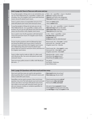 100
GRAMMARREFERENCE
Unit 3,page 28: There is/There are with some and any
To say that people or things exist or are somewhere,you
can use There followed by be,a quantiﬁer,a subject,and
a location.Use is for singular count nouns and noncount
nouns.Use are for plural count nouns.
There + be + quantiﬁer + noun (+ location)
There is an apple on the shelf.
There is some milk in the refrigerator.
There are ﬁve girls in our English class.
Some is used to mean an (unspeciﬁed) amount of. It is
used with plural count nouns and noncount nouns.
There are some apples.
There is some bread.
To say that people or things do not exist,you can use
There followed by be, not, a quantiﬁer,a subject,and a
location.You can use any with plural count and noncount
nouns.Use the article a with singular count nouns.
There + be + not + quantiﬁer + noun (+ location)
There isn’t any butter on the table.
There aren’t any cookies in the box.
There isn’t a store near here.
Any is used in most Yes/No questions with both plural
count and noncount nouns.For singular count nouns,
use the article a.
Is /Are + there + quantiﬁer + noun
Are there any sandwiches left?
Is there any milk?
Is there a recipe for salad dressing?
Answer Yes/No questions with Yes followed by there
are (some) for plural count nouns,there is (some) for
noncount nouns,and there is for singular count nouns.
No is followed by there aren’t (any) for plural count
nouns,there isn’t (any) for noncount nouns,and there isn’t
for singular count nouns.
Plural count: Yes + there are (+ some).
Noncount:Yes + there is (+ some).
Singular count:Yes + there is.
Plural count:No + there aren’t (+ any).
Noncount:No + there isn’t (+ any).
Singular count:No + there isn’t.
Some is often used to make an offer. It is often used
with Would you like. Use some with plural count and
noncount nouns.
Would you like + some + noun
Would you like some dessert?
Would they like some cookies?
There are many polite answers to offers with Would you
like some ...?
Yes,please.
No,thanks / thank you.
Sure,I’d love some.
Unit 3,page 29: Questions with How much and How many
How much and How many are used to ask questions
about quantity.Much is used with noncount nouns,and
many is used with count nouns.
How much butter do we have?
How many eggs do you need?
Quantiﬁers can be used to answer a How much/many
question.Use a lot of for both plural count and noncount
nouns.Use a few or not many with plural count nouns.
Use a little or not much with noncount nouns.You can
also use measure,number,or container quantiﬁers to
answer the question.
Plural count/noncount:a lot of
Plural count:a few,not many
Noncount:a little,not much
We need at least a pound of cheese.
Drink a quart of orange juice every day.
Get two bags of chips and a pint of milk.
 
