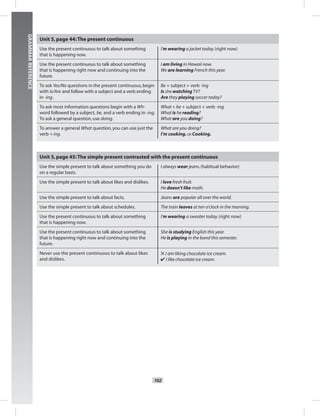 102
GRAMMARREFERENCE
Unit 5,page 44:The present continuous
Use the present continuous to talk about something
that is happening now.
I’m wearing a jacket today.(right now)
Use the present continuous to talk about something
that is happening right now and continuing into the
future.
I am living in Hawaii now.
We are learning French this year.
To ask Yes/No questions in the present continuous,begin
with Is/Are and follow with a subject and a verb ending
in -ing.
Be + subject + verb -ing
Is she watchingTV?
Are they playing soccer today?
To ask most information questions begin with a Wh-
word followed by a subject, be, and a verb ending in -ing.
To ask a general question,use doing.
What + be + subject + verb -ing
What is he reading?
What are you doing?
To answer a general What question,you can use just the
verb + ing.
What are you doing?
I’m cooking.OR Cooking.
Unit 5,page 45:The simple present contrasted with the present continuous
Use the simple present to talk about something you do
on a regular basis.
I always wear jeans.(habitual behavior)
Use the simple present to talk about likes and dislikes. I love fresh fruit.
He doesn’t like math.
Use the simple present to talk about facts. Jeans are popular all over the world.
Use the simple present to talk about schedules. The train leaves at ten o’clock in the morning.
Use the present continuous to talk about something
that is happening now.
I’m wearing a sweater today.(right now)
Use the present continuous to talk about something
that is happening right now and continuing into the
future.
She is studying English this year.
He is playing in the band this semester.
Never use the present continuous to talk about likes
and dislikes.
✕ I am liking chocolate ice cream.
✔ I like chocolate ice cream.
 