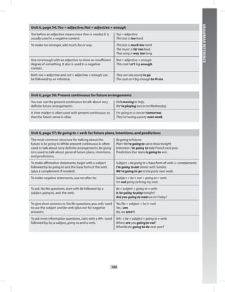 103
GRAMMARREFERENCE
Unit 6,page 54: Too + adjective; Not + adjective + enough
Too before an adjective means more than is needed.It is
usually used in a negative context.
Too + adjective
This test is too hard.
To make too stronger,add much,far,or way. This test is much too hard.
The music is far too loud.
That song is way too long.
Use not enough with an adjective to show an insufﬁcient
degree of something.It also is used in a negative
context.
Not + adjective + enough
This coat isn’t big enough.
Both too + adjective and not + adjective + enough can
be followed by an inﬁnitive.
They are too young to go.
The coat isn’t big enough to ﬁt me.
Unit 6,page 56: Present continuous for future arrangements
You can use the present continuous to talk about very
deﬁnite future arrangements.
He’s moving to Italy.
We’re playing soccer on Wednesday.
A time marker is often used with present continuous so
that the future sense is clear.
I’m going to a concert tomorrow.
They’re having a party next week.
Unit 6,page 57: Be going to + verb for future plans,intentions,and predictions
The most common structure for talking about the
future is be going to.While present continuous is often
used to talk about very deﬁnite arrangements, be going
to is used to talk about general future plans, intentions,
and predictions.
Be going to future:
Plan:We’re going to see a show tonight.
Intention:I’m going to take French next year.
Prediction:Our team is going to win.
To make afﬁrmative statements,begin with a subject
followed by be going to and the base form of the verb
(plus a complement if needed).
Subject + be going to + base form of verb (+ complement)
I’m going to eat dinner with Sandra.
We’re going to go to the party next week.
To make negative statements,use not after be. Subject + be + not + going to + verb
I’m not going to bring my coat.
To ask Yes/No questions,start with Be followed by a
subject,going to, and the verb.
Be + subject + going to + verb
Is he going to play tonight?
Are you going to meet us on Friday?
To give short answers to Yes/No questions,you only need
to use the subject and be verb (plus not for negative
answers).
Yes/No + subject + be (+ not)
Yes,I am.
No,we aren’t.
To ask most information questions,start with a Wh- word
followed by be,a subject,going to,and a verb.
Wh- + be + subject + going to + verb
Where are you going to eat?
What is she going to do next year?
 