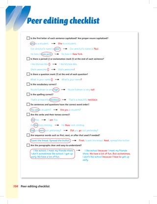 Peer editing checklist
Peer editing checklist
Is the ﬁrst letter of each sentence capitalized? Are proper nouns capitalized?
she is a student. She is a student.
Our director’s name is paul. Our director’s name is Paul.
He lives in new york. He lives in New York.
Is there a period (.) or exclamation mark (!) at the end of each sentence?
I like Michele Wie I like Michele Wie.
She’s awesome She’s awesome!
Is there a question mark (?) at the end of each question?
What is your name What’s your name?
Is the vocabulary correct?
Nicole Kidman is very high. Nicole Kidman is very tall.
Is the spelling correct?
That’s a beautiful necklece. That’s a beautiful necklace.
Do sentences and questions have the correct word order?
You are a student? Are you a student?
Are the verbs and their tenses correct?
I be ﬁne. I am ﬁne.
He like rock climbing. He likes rock climbing.
Did you went out yesterday? Did you go out yesterday?
Are sequence words such as ﬁrst, next, or after that used if needed?
Toast the bread. Spread the butter. First, toast the bread. Next, spread the butter.
Are the paragraphs clear and easy-to-understand?
I like school. I meet my friends there.
I don’t sometimes like school. I get up
early. We have a lot of fun.
I like school because I meet my friends
there. We have a lot of fun. But sometimes,
I don’t like school because I have to get up
early.
104
 