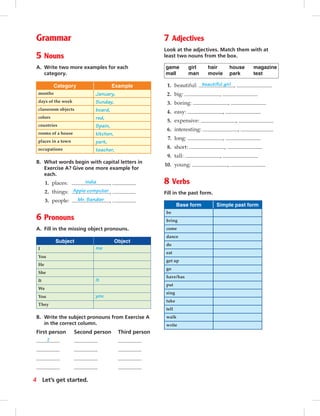 Grammar
5 Nouns
A. Write two more examples for each
category.
Category Example
months January,
days of the week Sunday,
classroom objects board,
colors red,
countries Spain,
rooms of a house kitchen,
places in a town park,
occupations teacher,
B. What words begin with capital letters in
Exercise A? Give one more example for
each.
1. places: India ,
2. things: Apple computer ,
3. people: Mr. Sandler ,
6 Pronouns
A. Fill in the missing object pronouns.
Subject Object
I me
You
He
She
It it
We
You you
They
B. Write the subject pronouns from Exercise A
in the correct column.
First person Second person Third person
I
7 Adjectives
Look at the adjectives. Match them with at
least two nouns from the box.
game girl hair house magazine
mall man movie park test
1. beautiful: beautiful girl ,
2. big: ,
3. boring: ,
4. easy: ,
5. expensive: ,
6. interesting: ,
7. long: ,
8. short: ,
9. tall: ,
10. young: ,
8 Verbs
Fill in the past form.
Base form Simple past form
be
bring
come
dance
do
eat
get up
go
have/has
put
sing
take
tell
walk
write
4 Let’s get started.
 