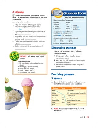 Discovering grammar
Look at the grammar chart. Circle the
correct answers.
1. Use a or an before singular (count /
noncount) nouns.
2. Add -s or -es to (count / noncount) nouns
to make them plural.
3. With noncount nouns, use a (singular /
plural) verb.
Practicing grammar
3 Practice
A. Connect the three parts to make sentences.
Write the sentences in your notebook.
Subject Verb Complement
Rice a lot of salt.
Chips rich in vitamins and minerals.
Ice cream a lot of sugar.
Cookies good for you.
Vegetables not that good for you.
Fish sweet.
Pasta my favorite food.
B. PAIRS. Compare your sentences. Correct
any errors.
GROUPS. Talk about your eating
habits.
Useful language:
• Do you always eat breakfast/lunch/
dinner?
• What’s your favorite snack?
• Of course./Not always.
• I (don’t) always eat . . .
• I don’t have time to eat . . .
GRAMMAR FOCUS
Count and noncount nouns
Count nouns (can be counted)
Singular Plural
an apple two apples
a tomato a few tomatoes
a sandwich several
sandwiches
many
An apple a day is good for you.
Apples are my favorite snack.
Apples have a lot of vitamins.
Noncount nouns (cannot be counted)
milk juice cereal
rice coffee cheese
Ice cream is my favorite dessert.
is
are
has
have
2 Listening
13 Listen to the report. Then write True or
False. Circle the wrong information in the false
statements.
According to the report, . . .
1. Fifty-one percent of teenagers try to
eat something healthful every day.
True
2. Eighteen percent of teenagers eat lunch at
school.
3. Judy skips lunch at school because she has
no time for it.
4. Carlos always has something for lunch at
school.
5. Carlos eats a nutritious lunch at school.
15Unit 2
 