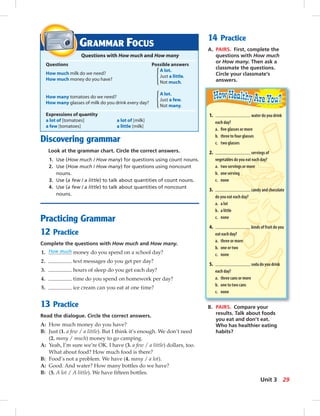Discovering grammar
Look at the grammar chart. Circle the correct answers.
1. Use (How much / How many) for questions using count nouns.
2. Use (How much / How many) for questions using noncount
nouns.
3. Use (a few / a little) to talk about quantities of count nouns.
4. Use (a few / a little) to talk about quantities of noncount
nouns.
Practicing Grammar
12 Practice
Complete the questions with How much and How many.
1. How much money do you spend on a school day?
2. text messages do you get per day?
3. hours of sleep do you get each day?
4. time do you spend on homework per day?
5. ice cream can you eat at one time?
13 Practice
Read the dialogue. Circle the correct answers.
A: How much money do you have?
B: Just (1. a few / a little). But I think it’s enough. We don’t need
(2. many / much) money to go camping.
A: Yeah, I’m sure we’re OK. I have (3. a few / a little) dollars, too.
What about food? How much food is there?
B: Food’s not a problem. We have (4. many / a lot).
A: Good. And water? How many bottles do we have?
B: (5. A lot / A little). We have ﬁfteen bottles.
14 Practice
A. PAIRS. First, complete the
questions with How much
or How many. Then ask a
classmate the questions.
Circle your classmate’s
answers.
GRAMMAR FOCUS
Questions with How much and How many
Questions Possible answers
How much milk do we need?
A lot.
How much money do you have?
Just a little.
Not much.
How many tomatoes do we need?
A lot.
How many glasses of milk do you drink every day?
Just a few.
Not many.
Expressions of quantity
a lot of [tomatoes] a lot of [milk]
a few [tomatoes] a little [milk]
1. water do you drink
each day?
a. ﬁve glasses or more
b. three to four glasses
c. two glasses
2. servings of
vegetables do you eat each day?
a. two servings or more
b. one serving
c. none
3. candy and chocolate
do you eat each day?
a. a lot
b. a little
c. none
4. kinds of fruit do you
eat each day?
a. three or more
b. one or two
c. none
5. soda do you drink
each day?
a. three cans or more
b. one to two cans
c. none
B. PAIRS. Compare your
results. Talk about foods
you eat and don’t eat.
Who has healthier eating
habits?
29Unit 3
 