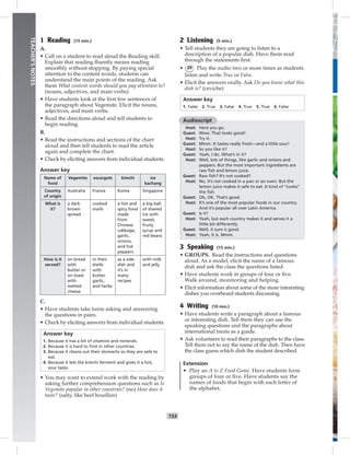 1 Reading (15 min.)
A.
• Call on a student to read aloud the Reading skill.
Explain that reading ﬂuently means reading
smoothly without stopping. By paying special
attention to the content words, students can
understand the main points of the reading. Ask
them What content words should you pay attention to?
(nouns, adjectives, and main verbs)
• Have students look at the ﬁrst few sentences of
the paragraph about Vegemite. Elicit the nouns,
adjectives, and main verbs.
• Read the directions aloud and tell students to
begin reading.
B.
• Read the instructions and sections of the chart
aloud and then tell students to read the article
again and complete the chart.
• Check by eliciting answers from individual students.
Answer key
Name of
food
Vegemite escargots kimchi ice
kachang
Country
of origin
Australia France Korea Singapore
What is
it?
a dark
brown
spread
cooked
snails
a hot and
spicy food
made
from
Chinese
cabbage,
garlic,
onions,
and hot
peppers
a big ball
of shaved
ice with
sweet,
fruity
syrup and
red beans
How is it
served?
on bread
with
butter or
on toast
with
melted
cheese
in their
shells
with
butter,
garlic,
and herbs
as a side
dish and
it’s in
many
recipes
with milk
and jelly
C.
• Have students take turns asking and answering
the questions in pairs.
• Check by eliciting answers from individual students.
Answer key
1. Because it has a lot of vitamins and minerals.
2. Because it is hard to ﬁnd in other countries.
3. Because it cleans out their stomachs so they are safe to
eat.
4. Because it lets the kimchi ferment and gives it a hot,
sour taste.
• You may want to extend work with the reading by
asking further comprehension questions such as Is
Vegemite popular in other countries? (no) How does it
taste? (salty, like beef bouillon)
2 Listening (5 min.)
• Tell students they are going to listen to a
description of a popular dish. Have them read
through the statements ﬁrst.
• 29 Play the audio two or more times as students
listen and write True or False.
• Elicit the answers orally. Ask Do you know what this
dish is? (ceviche)
Answer key
1. False 2. True 3. False 4. True 5. True 6. False
Audioscript
Host: Here you go.
Guest: Wow. That looks good!
Host: Try it.
Guest: Mmm. It tastes really fresh—and a little sour!
Host: So you like it?
Guest: Yeah, I do. What’s in it?
Host: Well, lots of things, like garlic and onions and
peppers. But the most important ingredients are
raw ﬁsh and lemon juice.
Guest: Raw ﬁsh? It’s not cooked?
Host: No, it’s not cooked in a pan or an oven. But the
lemon juice makes it safe to eat. It kind of “cooks”
the ﬁsh.
Guest: Oh, OK. That’s good.
Host: It’s one of the most popular foods in our country.
And it’s popular all over Latin America.
Guest: Is it?
Host: Yeah, but each country makes it and serves it a
little bit differently.
Guest: Well, it sure is good.
Host: Yeah, it is. Mmm.
3 Speaking (15 min.)
• GROUPS. Read the instructions and questions
aloud. As a model, elicit the name of a famous
dish and ask the class the questions listed.
• Have students work in groups of four or ﬁve.
Walk around, monitoring and helping.
• Elicit information about some of the more interesting
dishes you overheard students discussing.
4 Writing (10 min.)
• Have students write a paragraph about a famous
or interesting dish. Tell them they can use the
speaking questions and the paragraphs about
international treats as a guide.
• Ask volunteers to read their paragraphs to the class.
Tell them not to say the name of the dish. Then have
the class guess which dish the student described.
Extension
• Play an A to Z Food Game. Have students form
groups of four or ﬁve. Have students say the
names of foods that begin with each letter of
the alphabet.
T33
TEACHER’SNOTES
 