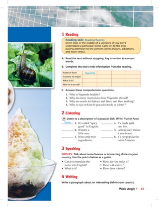 1 Reading
Reading skill: Reading ﬂuently
Don’t stop in the middle of a sentence if you don’t
understand a particular word. Carry on to the end,
paying attention to the content words (nouns, adjectives,
and main verbs).
A. Read the text without stopping. Pay attention to content
words.
B. Complete the chart with information from the reading.
Name of food Vegemite
Country of origin
What is it?
How is it served?
C. Answer these comprehension questions.
1. Why is Vegemite healthy?
2. Why do many Australians take Vegemite abroad?
3. Why are snails fed lettuce and ﬂour, and then nothing?
4. Why is a jar of kimchi placed outside in winter?
2 Listening
29 Listen to a description of a popular dish. Write True or False.
False 1. It’s called “spicy 4. It’s made with
good” in English. raw ﬁsh.
2. It tastes a 5. Lemon juice makes
little sour. it safe to eat.
3. It has only two 6. It’s not popular in
ingredients. Latin America.
3 Speaking
GROUPS. Talk about some famous or interesting dishes in your
country. Use the points below as a guide.
• Can you translate the • How do you make it?
name into English? • How is it served?
• What is it? • How does it taste?
4 Writing
Write a paragraph about an interesting dish in your country.
33Wide Angle 1
 