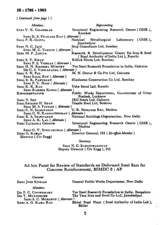 IS t1786- 1985
( Continued pornpage1 )
Members
&RI V. K. GHANEKAR
Repsenting
Stru;tu;;uzngineering Research Centre ( CSIR ),
SHRI D. S. PRAI~ASHRAO ( Alfrraats )
SHRI P. K. GUPTA National Metallurgical Laboratory ( CSIR ),
Jamshedpur -
SFIRI N. C. JAIN Stup Consultants Ltd, Bombay
SHRI M. C. TANDON ( Alfcrnafc )
SRRI M. P. JASTJJA Research & Development Centre for Iron & Steel
( Steel Authority of India Ltd ), Ranchi
SKRI S. Y. KHAN Killick Nixon Ltd, Bombay
SRRI P. S. VENKAT ( Alternate )
SHRI H. N. KRISHNA MURTHY Tor Steel Research Foundation in India, Calcutta
DR C. S. VISWANATHA ( Ahmate )
SERI S. N. PAL M. N: Dastur & Co Pvt Ltd, Calcutta
SHRI SALIL ROY ( Alternate )
SERI B. K. PANTRAKY Hindustan Construction Co Ltd, Bombay
SHRI P. V. NAIK ( Alternate )
SHRI K. K. RAO Usha Ismal Ltd, Ranchi
SHRI RAXESH KORLI ( Alternate )
REPRESENTATIVE Public Works Department, Government of Uttar
Pradesh, Lucknow
SHRI T. SEN IRC Steels Ltd, Calcutta
SHRI SHIRISR H. SHAH Tensile Steel Ltd, Bombay
SHRI M. S. PATHAR ( Alternate )
SHRI C. N. SRINIVASAN C. R. Narayana Rao, Madras
SHRI C. N. RA~HAVENDRAN ( Alhrnats )
$IKRIK. S. SRINIVASAN National Buildings Organization, New Delhi
SHRI A. K. LAL ( Altematc )
SHRI ZAO~ARIA GEORQE StrupaTrlasEngineering Research Centre ( CSIR ),
SHRI G. V. SURYAKUMAR ( Altematr )
SHXI G. RA’XAN Director General, IS1 ( Ex-oficio Member )
Director ( Civ Engg)
Secretary
SHRI N. C. BANDYOPADHYAY
Deputy Director ( Civ Engg ), IS1
Ad hoc Panel for Review of Standards on Deformed Steel Bars for
Concrete Reinforcement, BSMDC 8 : AP
Convener
SHRI JOSE KURIAN Central Public Works Department, New Delhi
Members
DR P. C. CHOWDHARY Tor Steel Research Foundation in India, Bangalore
DR T. MTJKHERJEE The Tata Iron and Steel Co Ltd, Jamshedpur.
SHRI S. C. MOHANTY ( Altamatr )
SHRI A. G. RAXA RAO Bhil$S~el Plant ( Steel Authority of India Ltd ),
2
 