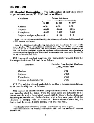 IS:1788 - 1985
5.2 Chemical Composition - The ladle analysis of steel when made
as per relevant parts of JS : 2284 shall be as follows:
Constituent Percent, Maximum
Fe:15 Fe 500 Fe 550’
Carbon 0’30 o-30 0.30
Sulphur 0.060 0.055 0.055
Phosphorus 0.060 0.055 0.050
Sulphur and phosphorus O-1 1 0.105 0.10
NOTE1 - For guaranteed weldability, the percentage of carbon shall be restricted
to @25 percent, maximum.
NOTE 2 - Addition of microalloying elements is not mandatory for any of the
above grades. When strengthening elements like Nb, V, B and Ti are used
individually or in combination, the total contents shall not exceed 010 percent; in
such case manufacturer shall supply the purchaser or his authorized representative a
certificate stating that the total contents of the strengthening elements in the steel do
not exceed the specified limit.
3.2.1 In case of product analvsis. the permissible variation from the
limits specified uncier 3.2
Conslitucnt
shall bd as’follows:
Carbon
Sulphur
Phosphorus
Sulphur and phosphorus
Variation, Over S’eczjicd Maximum
Limit, Percent, Max
0.02
o-005
o-005
0.010
3.2.2 For welding of cold-worked deformed bars, the recommendations
of IS : 9417-1979t shall be followed.
3.2.3 In case of deviations from the specified maximum, two additional
test samples shall be taken from the same batch and subjected to the
test or tests in which the original sample failed. Should both additional
test samples pass the test, the batch from which they were taken shall be
deemed to comply with this standard. Should either of them fail, the
batch shall be deemed not to comply with this standard.
*Methods for chemical analysis of steels ( second rc&ion ) ( issued in parts ).
+Recommendations for welding cold-worked steel bars for reinforced concrete
construction.
6
 