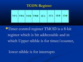 TCON RegisterTCON Register
Timer control register TMOD is a 8-bit
register which is bit addressable and in
which Upper nibble is for timer/counter,
lower nibble is for interrupts
 