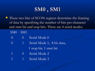 SM0 , SM1SM0 , SM1
 These two bits of SCON register determine the framingThese two bits of SCON register determine the framing
of data by specifying the number of bits per characterof data by specifying the number of bits per character
and start bit and stop bits. There are 4 serial modes.and start bit and stop bits. There are 4 serial modes.
SM0 SM1
0 0 Serial Mode 0
0 1 Serial Mode 1, 8 bit data,
1 stop bit, 1 start bit
1 0 Serial Mode 2
1 1 Serial Mode 3
 