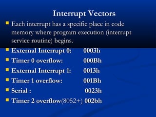  Each interrupt has a specific place in codeEach interrupt has a specific place in code
memory where program execution (interruptmemory where program execution (interrupt
service routine) begins.service routine) begins.
 External Interrupt 0:External Interrupt 0: 0003h0003h
 Timer 0 overflow:Timer 0 overflow: 000Bh000Bh
 External Interrupt 1:External Interrupt 1: 0013h0013h
 Timer 1 overflow:Timer 1 overflow: 001Bh001Bh
 Serial : 0023hSerial : 0023h
 Timer 2 overflowTimer 2 overflow(8052+)(8052+) 002bh002bh
Interrupt Vectors
 