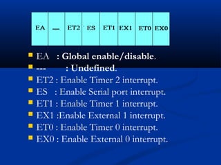  EA : Global enable/disable.
 --- : Undefined.
 ET2 : Enable Timer 2 interrupt.
 ES : Enable Serial port interrupt.
 ET1 : Enable Timer 1 interrupt.
 EX1 :Enable External 1 interrupt.
 ET0 : Enable Timer 0 interrupt.
 EX0 : Enable External 0 interrupt..
 