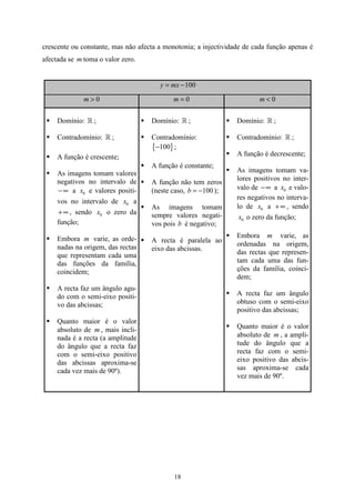 crescente ou constante, mas não afecta a monotonia; a injectividade de cada função apenas é
afectada se m toma o valor zero.


                                       y = mx − 100

              m>0                           m=0                          m<0


     Domínio: » ;                   Domínio: » ;                 Domínio: » ;

     Contradomínio: » ;             Contradomínio:               Contradomínio: » ;
                                    {−100} ;
     A função é crescente;                                       A função é decrescente;
                                    A função é constante;
     As imagens tomam valores                                    As imagens tomam va-
     negativos no intervalo de                                   lores positivos no inter-
                                    A função não tem zeros
     − ∞ a x0 e valores positi-     (neste caso, b = −100 );     valo de − ∞ a x0 e valo-
                                                                 res negativos no interva-
     vos no intervalo de x0 a
                                    As imagens tomam             lo de x0 a + ∞ , sendo
     + ∞ , sendo x0 o zero da       sempre valores negati-        x0 o zero da função;
     função;                        vos pois b é negativo;

     Embora m varie, as orde-                                    Embora m varie, as
                                    A recta é paralela ao        ordenadas na origem,
     nadas na origem, das rectas    eixo das abcissas.
     que representam cada uma                                    das rectas que represen-
     das funções da família,                                     tam cada uma das fun-
     coincidem;                                                  ções da família, coinci-
                                                                 dem;
     A recta faz um ângulo agu-
     do com o semi-eixo positi-                                  A recta faz um ângulo
     vo das abcissas;                                            obtuso com o semi-eixo
                                                                 positivo das abcissas;
     Quanto maior é o valor
     absoluto de m , mais incli-                                 Quanto maior é o valor
     nada é a recta (a amplitude                                 absoluto de m , a ampli-
     do ângulo que a recta faz                                   tude do ângulo que a
     com o semi-eixo positivo                                    recta faz com o semi-
     das abcissas aproxima-se                                    eixo positivo das abcis-
     cada vez mais de 90º).                                      sas aproxima-se cada
                                                                 vez mais de 90º.




                                            18
 