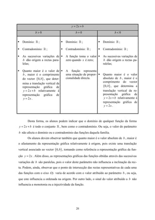 y = 2x + b

             b>0                             b=0                             b<0


   Domínio: » ;                       Domínio: » ;                  Domínio: » ;

   Contradomínio: » ;                 Contradomínio: » ;            Contradomínio: » ;

   As sucessivas variações de         A função toma o valor         As sucessivas variações de
   b dão origem a rectas para-        zero quando x é zero;         b dão origem a rectas pa-
   lelas;                                                           ralelas;

   Quanto maior é o valor de          A função representa
   b , maior é o comprimento          uma situação de propor-       Quanto maior é o valor
   do vector ( 0, b ) , que deter-    cionalidade directa.          absoluto de b , maior é o
                                                                    comprimento do vector
   mina a translação vertical da
   representação gráfica de                                         ( 0, b ) , que determina a
    y = 2 x + b relativamente à                                     translação vertical da re-
   representação gráfica de                                         presentação gráfica de
    y = 2x .                                                         y = 2 x + b relativamente à
                                                                    representação gráfica de
                                                                     y = 2x .



       Desta forma, os alunos podem indicar que o domínio de qualquer função da forma
y = 2 x + b é todo o conjunto » , bem como o contradomínio. Ou seja, o valor do parâmetro
b não afecta o domínio ou o contradomínio das funções daquela família.
       Os alunos devem observar também que quanto maior é o valor absoluto de b , maior é
o afastamento da representação gráfica relativamente à origem, pois existe uma translação
vertical associado ao vector ( 0, b ) , tomando como referência a representação gráfica da fun-

ção y = 2 x . Além disso, as representações gráficas das funções obtidas através das sucessivas
variações de b são paralelas, pois o valor deste parâmetro não influencia a inclinação da rec-
ta. Podem, ainda, observar que o ponto de intersecção das rectas representativas de cada uma
das funções com o eixo Oy varia de acordo com o valor atribuído ao parâmetro b , ou seja,
que este influencia a ordenada na origem. Por outro lado, o sinal do valor atribuído a b não
influencia a monotonia ou a injectividade da função.




                                              20
 