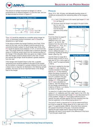 16 Anvil International, Piping & Pipe Hanger Design and Engineering www.anvilintl.com
The amount of vertical movement at hanger H-2 will be
proportional to its distance between H-3 and the riser, and can
be approximated as shown in Figure 21:
Thus, H-2 would be selected as a variable spring hanger for
.43 in. of downward vertical movement, and H-3 would be
designed as a rigid hanger.
In the above problem the hanger locations were fixed. If this
were not the case, and the hangers could be placed at any
convenient location subject to usual hanger span limits, then
H-2 would be placed at any distance 17.5 ft. or more from the
riser. This would satisfy the condition that a maximum bending
stress of 10,000 psi would result from the restraining effect of
the hanger. If the allowable effect was given as a higher stress,
then the hanger could be placed closer to the riser; if lower,
the nearest rigid hanger would be placed a greater distance
from the riser.
If the hanger were located closer to the riser, a greater
restraining force would be applied to the pipe by the hanger.
As the location is changed to a greater distance from the riser,
a lesser force is required. As illustrated in the following sample
problem, this force can be an important factor in the design
load of the hanger.
PROBLEM
Given 10 in. Sch. 40 pipe, and allowable bending stress of
10,000 psi produced by the restraining effect of the hangers,
Find:
(1) L-1 and L-2 the distances to the nearest rigid hangers H-1 and
H-3, see Figure 22.
(2) The forces which the hangers must apply to the pipe to allow
the 1⁄4 in. and 1⁄2 in.
deflections resulting
from the thermal
expansion of the vertical
pipe.
Solution:
From the Chart on page 67
using values of 1
⁄2 in.
deflection and 10 in. pipe,
read L-1, as 18.5 ft., the
distance from the riser to the
rigid hanger H-1. Thus, at a
distance of 18.5 ft., the
hanger will exert sufficient
force to deflect the pipe 1
⁄2 in.,
producing 10,000 psi bending
stress. (See Fig. 23).
Use the Chart on page 69 to
find the value of force P. For a
pipe size of 10 in. and a span of
18.5ft., read P as approximately
2,700 Ib.
This force is applied by the pipe
hanger H-1, and, therefore,
must be included in the design
load for H-1. In this instance,
where the piping movement is
in the downward direction, the
force P is added to the pipe
weight to be supported by
Hanger H-1. If the pipe weight
for H-1 were calculated as
2,000 lb., then the design load
for the hanger components is
2,000 lb.+2,700 Ib., or 4,700 lb.,
as shown in Figure 24.
To solve for L-2 refer to the Chart on page 67 and, using
values of 1
⁄4 in. deflection and 10in. pipe, read L-2 as 13 ft., the
distance to the proposed rigid hanger H-3. As discussed for H1
of this problem, hanger H-3 must apply sufficient force to
restrain the pipe vertically against the force resulting from the
thermal expansion of the vertical piping above H-2.
The force P which is required at H-3 can be determined from
the Chart on page 69. Using values for l0 in. pipe and a 13 ft.
span, P is approximately 3,800 Ib. Since this force restrains
the upward movement of the pipe, it should be checked
against the pipe weight load to assure that the hanger
assembly can exert a force equal to the difference of the force
P and the pipe weight load.
FIGURE 21– VERTICAL MOVEMENT AT H-2
H-2 = 17⁄29 X .728"
H-2 = .43" Down
H-1
H-2
H-2
.728"
17'
29'
H-3
FIGURE 22– PROBLEM
H-3
H-20"
1
⁄2" Down
1
⁄4" Up
L-1
L-2
H-1
FIGURE 23 – PIPE DEFLECTION
H-1
18.5'
H-2
1⁄2"
P
P
FIGURE 24 - DESIGN LOAD
Pipe Weight = 2,000lbs.
+ P = 2,700lbs.
Total = 4,700lbs
Pipe Weight = 2,000lbs.
+ P = 2,700lbs.
Total = 4,700lbs
SELECTION OF THE PROPER HANGER
 