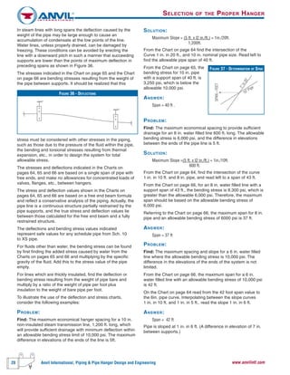 20 Anvil International, Piping & Pipe Hanger Design and Engineering www.anvilintl.com
In steam lines with long spans the deflection caused by the
weight of the pipe may be large enough to cause an
accumulation of condensate at the low points of the line.
Water lines, unless properly drained, can be damaged by
freezing. These conditions can be avoided by erecting the
line with a downward pitch in such a manner that succeeding
supports are lower than the points of maximum deflection in
preceding spans as shown in Figure 36.
The stresses indicated in the Chart on page 65 and the Chart
on page 66 are bending stresses resulting from the weight of
the pipe between supports. It should be realized that this
stress must be considered with other stresses in the piping,
such as those due to the pressure of the fluid within the pipe,
the bending and torsional stresses resulting from thermal
expansion, etc., in order to design the system for total
allowable stress.
The stresses and deflections indicated in the Charts on
pages 64, 65 and 66 are based on a single span of pipe with
free ends, and make no allowances for concentrated loads of
valves, flanges, etc., between hangers.
The stress and deflection values shown in the Charts on
pages 64, 65 and 66 are based on a free end beam formula
and reflect a conservative analysis of the piping. Actually, the
pipe line is a continuous structure partially restrained by the
pipe supports, and the true stress and deflection values lie
between those calculated for the free end beam and a fully
restrained structure.
The deflections and bending stress values indicated
represent safe values for any schedule pipe from Sch. 10
to XS pipe.
For fluids other than water, the bending stress can be found
by first finding the added stress caused by water from the
Charts on pages 65 and 66 and multiplying by the specific
gravity of the fluid. Add this to the stress value of the pipe
empty.
For lines which are thickly insulated, find the deflection or
bending stress resulting from the weight of pipe bare and
multiply by a ratio of the weight of pipe per foot plus
insulation to the weight of bare pipe per foot.
To illustrate the use of the deflection and stress charts,
consider the following examples:
PROBLEM:
Find: The maximum economical hanger spacing for a 10 in.
non-insulated steam transmission line, 1,200 ft. long, which
will provide sufficient drainage with minimum deflection within
an allowable bending stress limit of 10,000 psi. The maximum
difference in elevations of the ends of the line is 5ft.
SOLUTION:
Maximum Slope = (5 ft. x l2 in./ft.) = 1in./20ft.
1,200ft.
From the Chart on page 64 find the intersection of the
Curve 1 in. in 20 ft., and 10 in. nominal pipe size. Read left to
find the allowable pipe span of 40 ft.
From the Chart on page 65, the
bending stress for 10 in. pipe
with a support span of 40 ft. is
3,250 psi, which is below the
allowable 10,000 psi.
ANSWER:
Span = 40 ft .
PROBLEM:
Find: The maximum economical spacing to provide sufficient
drainage for an 8 in. water filled line 600 ft. long. The allowable
bending stress is 6,000 psi, and the difference in elevations
between the ends of the pipe line is 5 ft.
SOLUTION:
Maximum Slope =(5 ft. x l2 in./ft.) = 1in./10ft.
600 ft.
From the Chart on page 64, find the intersection of the curve
1 in. in 10 ft. and 8 in. pipe, and read left to a span of 43 ft.
From the Chart on page 66, for an 8 in. water filled line with a
support span of 43 ft., the bending stress is 8,300 psi, which is
greater than the allowable 6,000 psi. Therefore, the maximum
span should be based on the allowable bending stress of
6,000 psi.
Referring to the Chart on page 66, the maximum span for 8 in.
pipe and an allowable bending stress of 6000 psi is 37 ft.
ANSWER:
Span = 37 ft
PROBLEM:
Find: The maximum spacing and slope for a 6 in. water filled
line where the allowable bending stress is 10,000 psi. The
difference in the elevations of the ends of the system is not
limited.
From the Chart on page 66, the maximum span for a 6 in.
water filled line with an allowable bending stress of 10,000 psi
is 42 ft.
On the Chart on page 64 read from the 42 foot span value to
the 6in. pipe curve. Interpolating between the slope curves
1 in. in 10 ft. and 1 in. in 5 ft., read the slope 1 in. in 6 ft.
ANSWER:
Span = 42 ft
Pipe is sloped at 1 in. in 6 ft. (A difference in elevation of 7 in.
between supports.)
FIGURE 36 - DEFLECTIONS
+
+
+
+
+
+
FIGURE 37 - DETERMINATION OF SPAN
SPAN–FEET
1"in20'
10" Pipe
SELECTION OF THE PROPER HANGER
 
