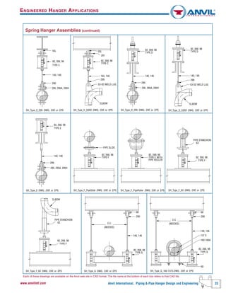 Anvil International, Piping & Pipe Hanger Design and Engineering 33www.anvilintl.com
ENGINEERED HANGER APPLICATIONS
Spring Hanger Assemblies (continued)
(NEEDED)
C-C
290
140, 146
137 S
60
160-166A
TYPE G
66
82, 268, 98
(NEEDED)
C-C
290
140, 146
TYPE G
66
82, 268, 98
140, 146
ELBOW
TYPE C
82, 268, 98
299
53-SD WELD LUG
55L
291
82, 268, 98
TYPE F
PIPE STANCHION
63
82, 268, 98
TYPE F
PIPE STANCHION
ELBOW
62
140, 146
82, 268, 98
TYPE E
290
295, 295A, 295H
299
ELBOW
140, 146
53-SD WELD LUG
82, 268, 98
TYPE D
82, 268, 98
TYPE F, WITH
PIPE ROLLER
82, 268, 98
55L
TYPE C
295, 295A, 295H
290
140, 146 140, 146
82, 268, 98
TYPE D
290
295, 295A, 295H
82, 268, 98
TYPE F
PIPE SLIDE
SH_Type_C_295 .DWG, .DXF, or .EPS SH_Type_C_53SD .DWG, .DXF, or .EPS SH_Type_D_295 .DWG, .DXF, or .EPS SH_Type_D_53SD .DWG, .DXF, or .EPS
SH_Type_E .DWG, .DXF, or .EPS SH_Type_F_PipeSlide .DWG, .DXF, or .EPS SH_Type_F_PipeRoller .DWG, .DXF, or .EPS SH_Type_F_63 .DWG, .DXF, or .EPS
SH_Type_F_62 .DWG, .DXF, or .EPS SH_Type_G .DWG, .DXF, or .EPS SH_Type_G_160-137S.DWG, .DXF, or .EPS
Each of these drawings are available on the Anvil web site in CAD format. The file name at the bottom of each box refers to that CAD file.
 