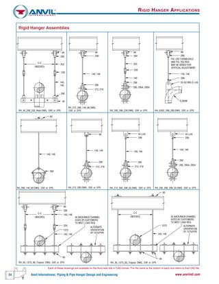34 Anvil International, Piping & Pipe Hanger Design and Engineering www.anvilintl.com
RIGID HANGER APPLICATIONS
Rigid Hanger Assemblies
(NEEDED)
C-C
290
140,
146
290
40
230
253
66
290
140, 146
66
290
212, 216
290
66
140
253
230
295, 295A, 295H
290
140, 146
260
60
66
290
212, 216
140, 146 140, 146
55 LUG
299
212, 216
290
(NEEDED)
C-C
66
290
230
60
140, 146
140, 146
ALTERNATE
ORIENTATION
OF 137S/PIPE
137S
45 BACK/BACK CHANNEL
SIZED BY CUSTOMERS
TO MEET LOAD REQ.
45 BACK/BACK CHANNEL
SIZED BY CUSTOMERS
TO MEET LOAD REQ.
ALTERNATE
ORIENTATION
OF 137S/PIPE
(NEEDED)
C-C
60
140, 146
60
137S
140, 146
290
295, 295A, 295H
55 LUG
299
290
140, 146
FIG. 230 TURNBUCKLE
AND FIG. 253 ROD
MAY BE ADDED FOR
VERTICAL ADJUSTMENT
ELBOW
66
299
53-SD WELD LUG
RH_40_290_230_Riser.DWG, .DXF, or .EPS
RH_212_290_140_66.DWG,
.DXF, or .EPS RH_295_290_230.DWG, .DXF, or .EPS RH_53SD_299_290.DWG, .DXF, or .EPS
RH_260_140_60.DWG, .DXF, or .EPS RH_212_290.DWG, .DXF, or .EPS RH_212_290_299_55.DWG, .DXF, or .EPS RH_295_290_299_55.DWG, .DXF, or .EPS
RH_45_137S_66_Trapeze .DWG, .DXF, or .EPS RH_45_137S_60_Trapeze .DWG, .DXF, or .EPS
Each of these drawings are available on the Anvil web site in CAD format. The file name at the bottom of each box refers to that CAD file.
 