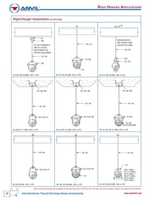 36 Anvil International, Piping & Pipe Hanger Design and Engineering www.anvilintl.com
RIGID HANGER APPLICATIONS
Rigid Hanger Assemblies (continued)
290
140, 146
260
FIG. 230 TURNBUCKLE
AND FIG. 253 ROD
MAY BE ADDED FOR
VERTICAL ADJUSTMENT
66
60
212, 216
290
MEDIUM SERVICE
MAX. SERVICE TEMP.
650 FOR PIPE CLAMP
140, 146
140, 146
65, 260
140, 146
281, 282, 285
65, 260
167, SEE
SELECTION CHART
140, 146
281, 282, 285
65, CT-65, 260
140, 146
69, CT-69, 70
281, 282, 285
140, 146
69, CT-69, 70 65, CT-65, 260
167
140, 146 140, 146
181
160 (1" INSUL.)
161 (11⁄2" INSUL.)
162 (2" INSUL.)
163 (21⁄2" INSUL.)
164 (3" INSUL.)
165 (4" INSUL.)
167
RH_260_290_66.DWG, .DXF, or .EPS RH_167_65_60.DWG, .DXF, or .EPS RH_212_290_60.DWG, .DXF, or .EPS
RH_69_281_CI .DWG, .DXF, or .EPS RH_65_281_CI .DWG, .DXF, or .EPS RH_167_65_281_CI .DWG, .DXF, or .EPS
RH_69_60.DWG, .DXF, or .EPS RH_160_181_60.DWG, .DXF, or .EPS RH_167_260_60.DWG, .DXF, or .EPS
Each of these drawings are available on the Anvil web site in CAD format. The file name at the bottom of each box refers to that CAD file.
 