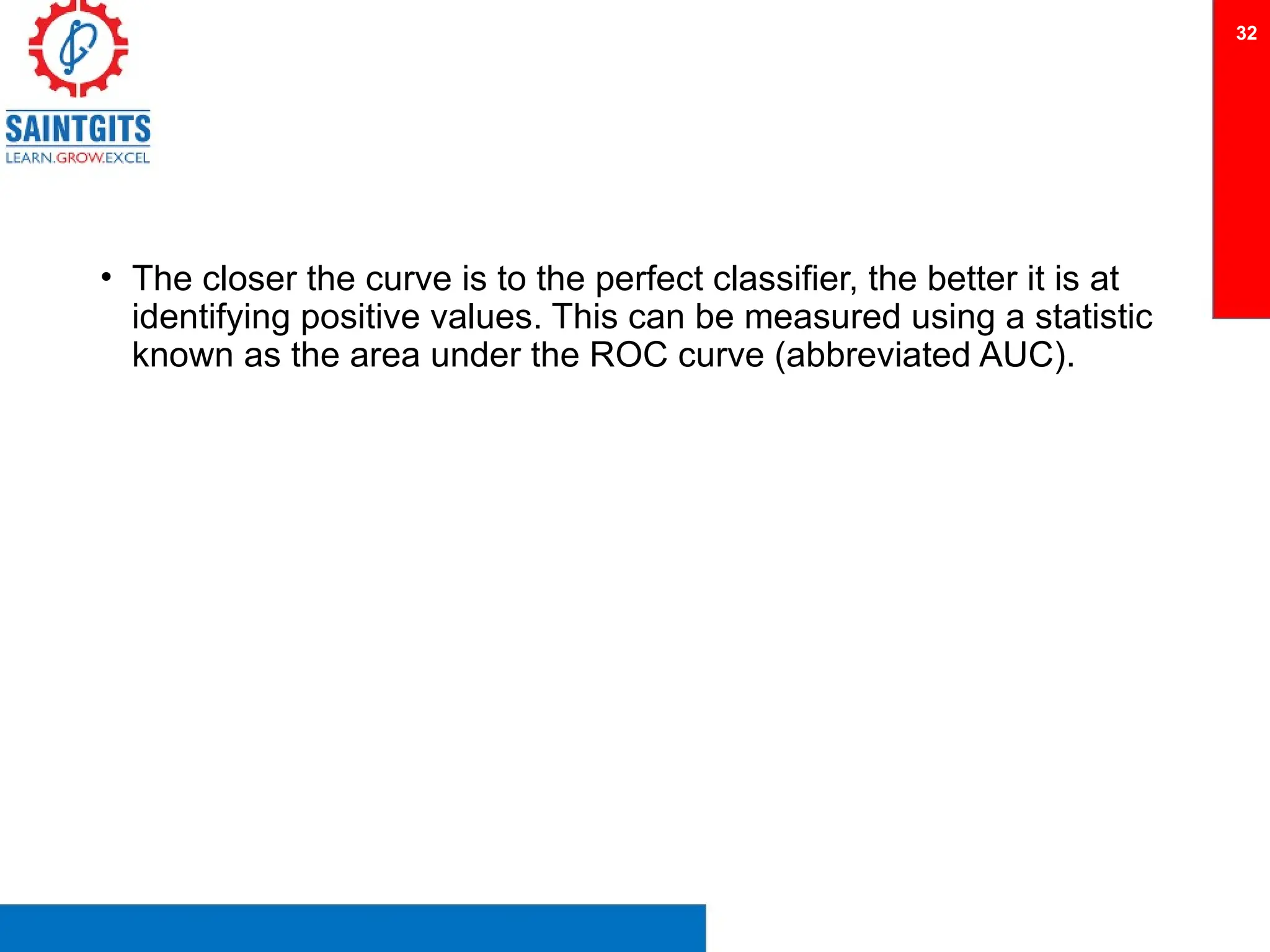 • The closer the curve is to the perfect classifier, the better it is at
identifying positive values. This can be measured using a statistic
known as the area under the ROC curve (abbreviated AUC).
32
 