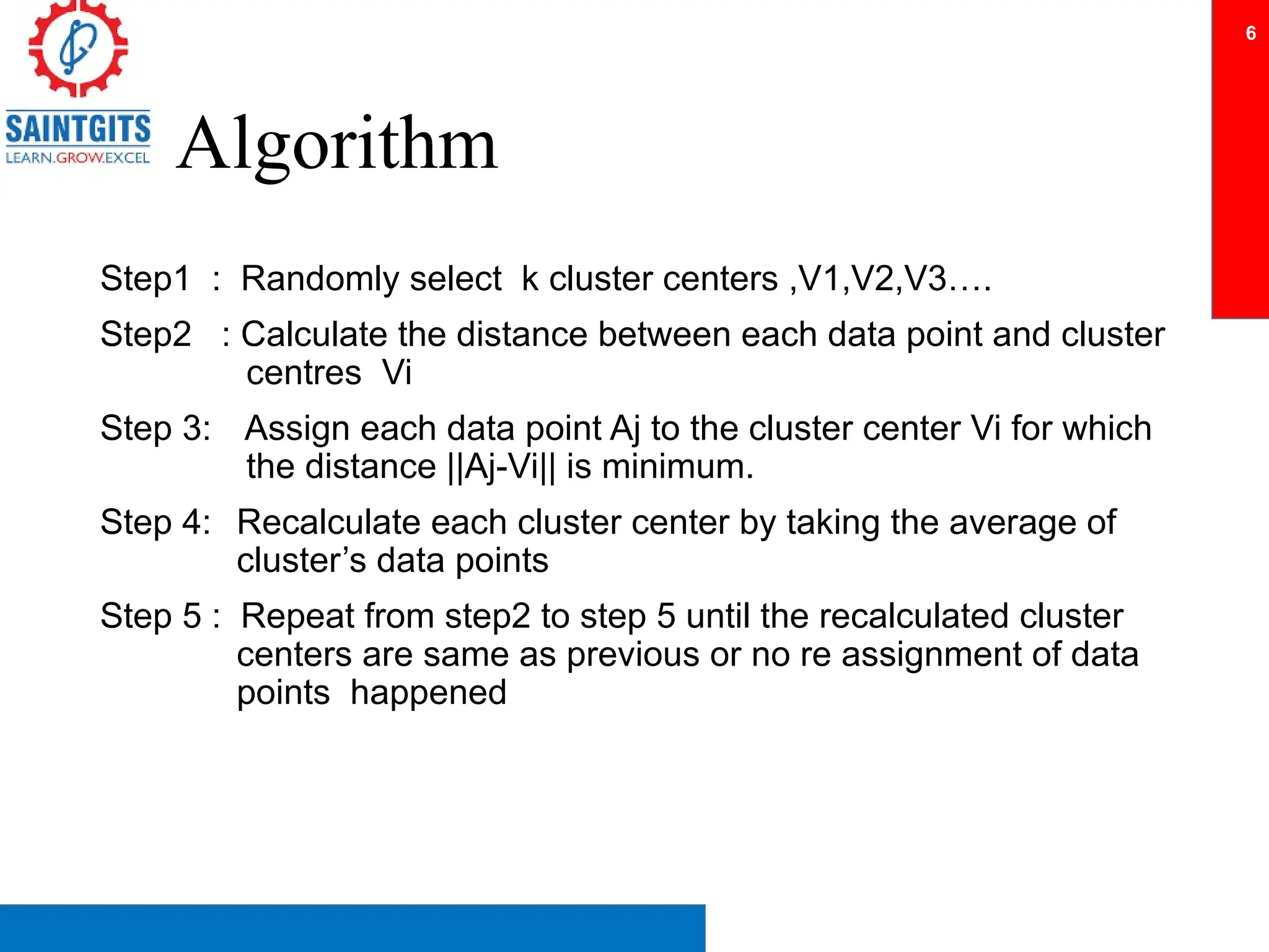 Algorithm
Step1 : Randomly select k cluster centers ,V1,V2,V3….
Step2 : Calculate the distance between each data point and cluster
centres Vi
Step 3: Assign each data point Aj to the cluster center Vi for which
the distance ||Aj-Vi|| is minimum.
Step 4: Recalculate each cluster center by taking the average of
cluster’s data points
Step 5 : Repeat from step2 to step 5 until the recalculated cluster
centers are same as previous or no re assignment of data
points happened
6
 